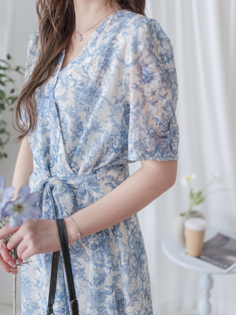 Toile Wrap Dress 暈染印花疊領連身裙/ DS9970