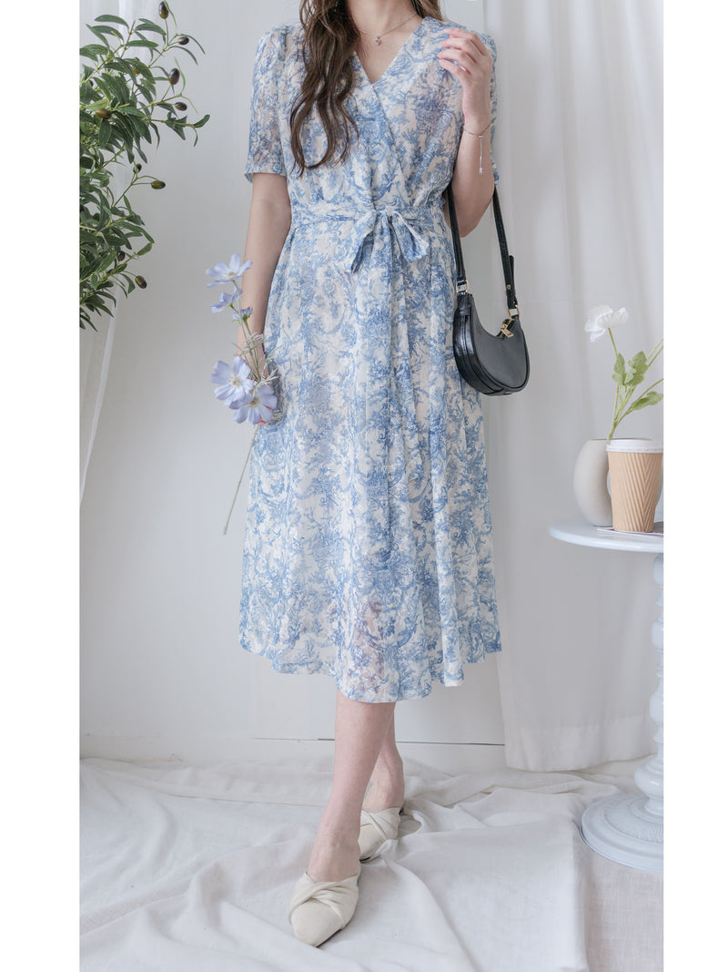 Toile Wrap Dress 暈染印花疊領連身裙/ DS9970