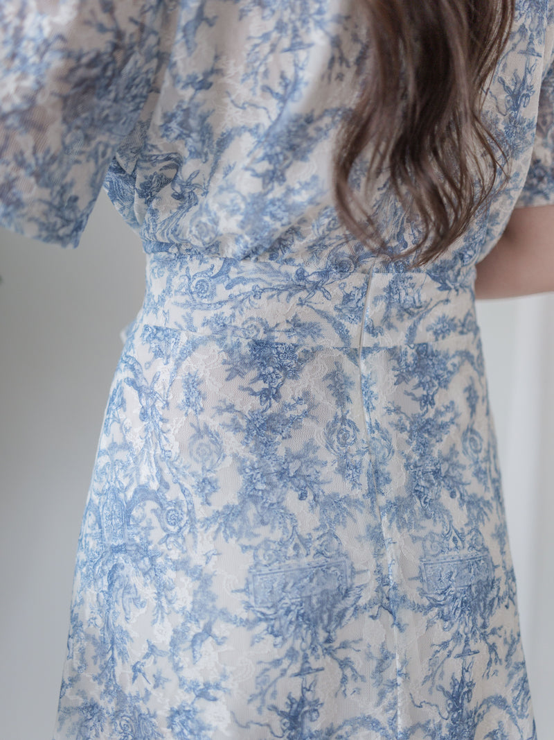 Toile Wrap Dress 暈染印花疊領連身裙/ DS9970