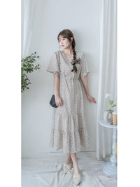 bouquet Dress 裝飾線幾何領口後橡筋印花連身裙/ DS9974