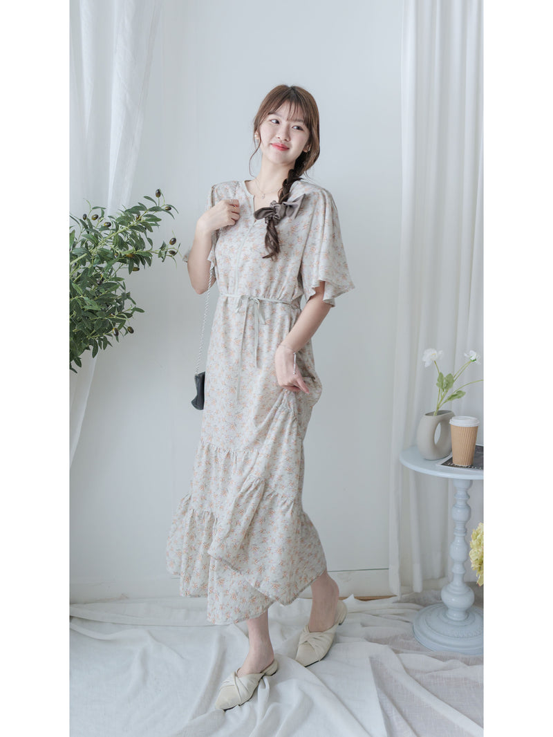bouquet Dress 裝飾線幾何領口後橡筋印花連身裙/ DS9974