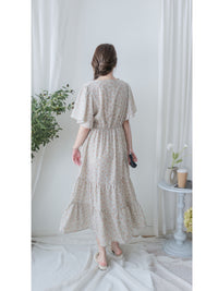bouquet Dress 裝飾線幾何領口後橡筋印花連身裙/ DS9974
