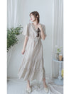 bouquet Dress 裝飾線幾何領口後橡筋印花連身裙/ DS9974