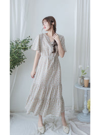bouquet Dress 裝飾線幾何領口後橡筋印花連身裙/ DS9974