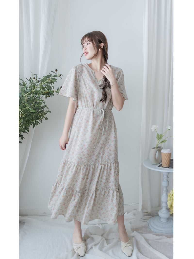 bouquet Dress 裝飾線幾何領口後橡筋印花連身裙/ DS9974