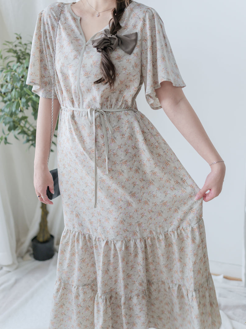 bouquet Dress 裝飾線幾何領口後橡筋印花連身裙/ DS9974