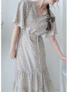 bouquet Dress 裝飾線幾何領口後橡筋印花連身裙/ DS9974