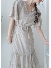 bouquet Dress 裝飾線幾何領口後橡筋印花連身裙/ DS9974