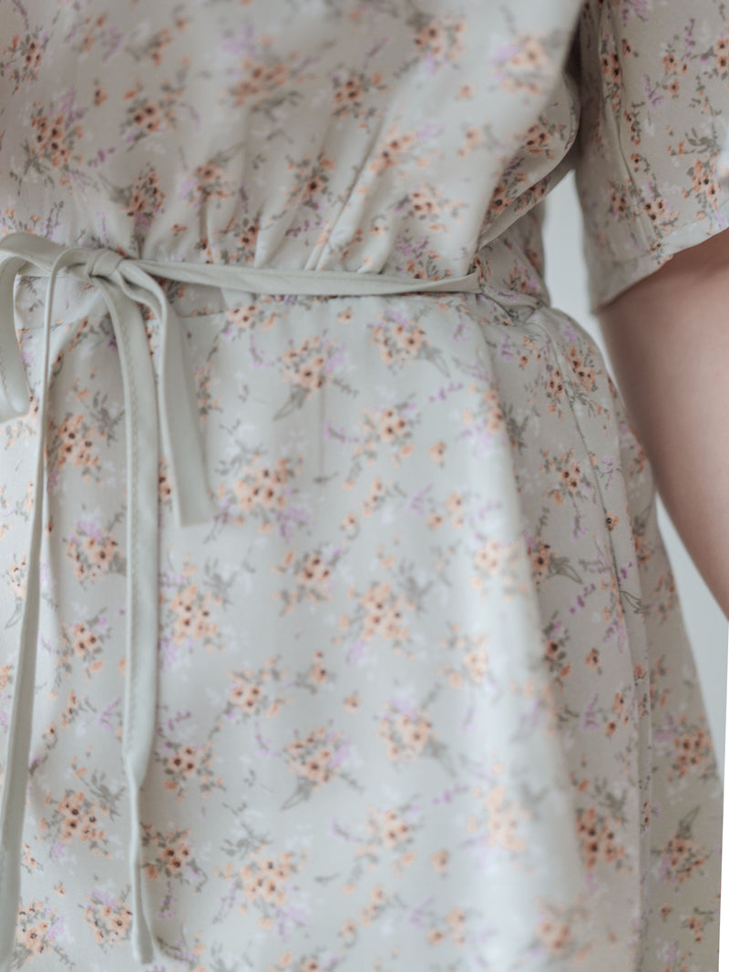 bouquet Dress 裝飾線幾何領口後橡筋印花連身裙/ DS9974