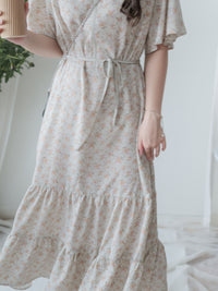 bouquet Dress 裝飾線幾何領口後橡筋印花連身裙/ DS9974
