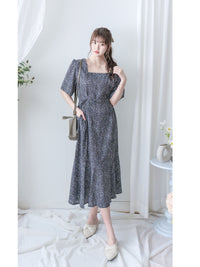 Square Neck Floral Dress 單色光影印花方領口袋連身裙/ DS9975