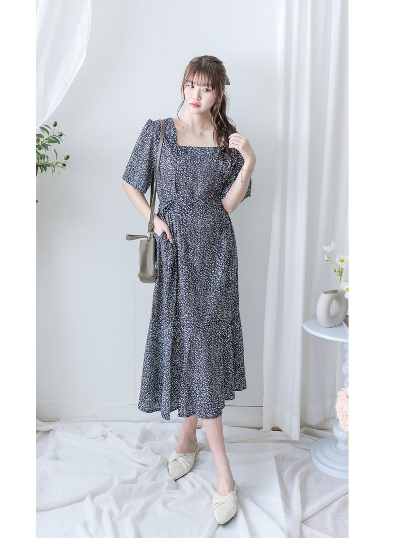 Square Neck Floral Dress 單色光影印花方領口袋連身裙/ DS9975