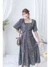 Square Neck Floral Dress 單色光影印花方領口袋連身裙/ DS9975