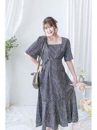 Square Neck Floral Dress 單色光影印花方領口袋連身裙/ DS9975