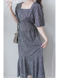 Square Neck Floral Dress 單色光影印花方領口袋連身裙/ DS9975