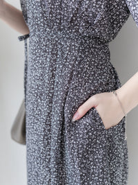 Square Neck Floral Dress 單色光影印花方領口袋連身裙/ DS9975