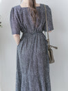Square Neck Floral Dress 單色光影印花方領口袋連身裙/ DS9975