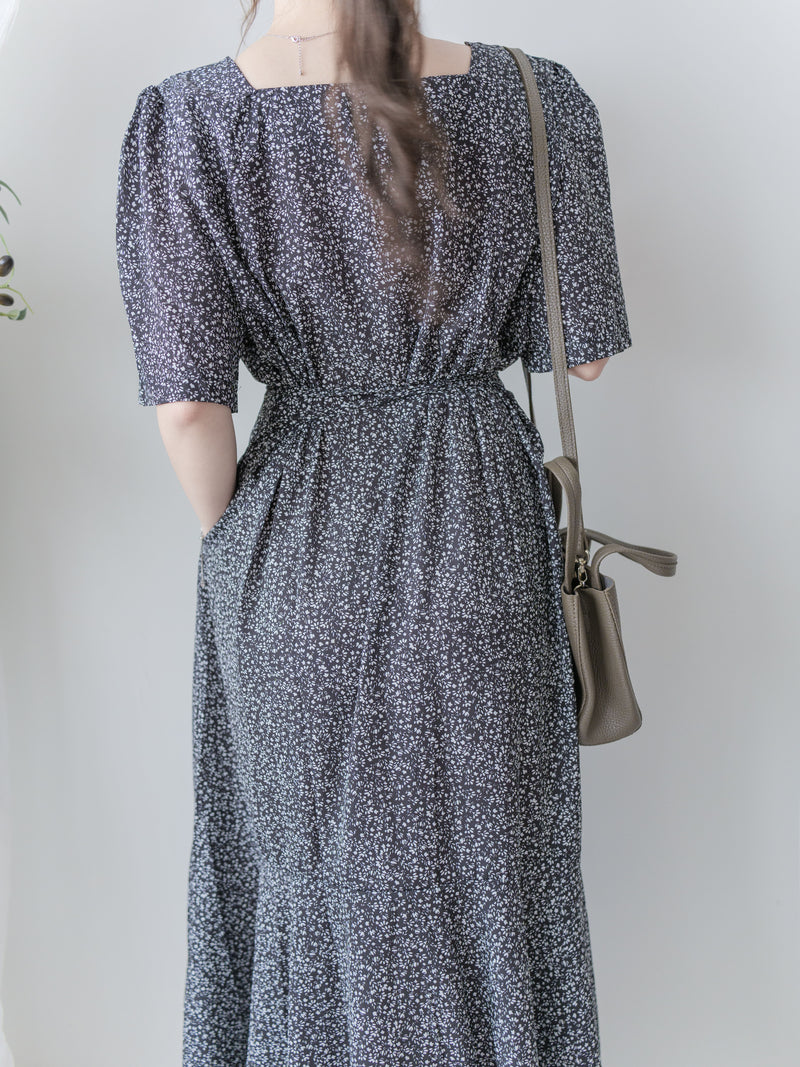 Square Neck Floral Dress 單色光影印花方領口袋連身裙/ DS9975