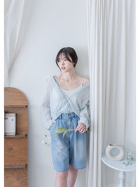 Sheer Stripe Shirt 輕透條紋微V領吊帶襯衫套裝/ BU9116 (Pre-order 淡黃條紋 9月7日截單)