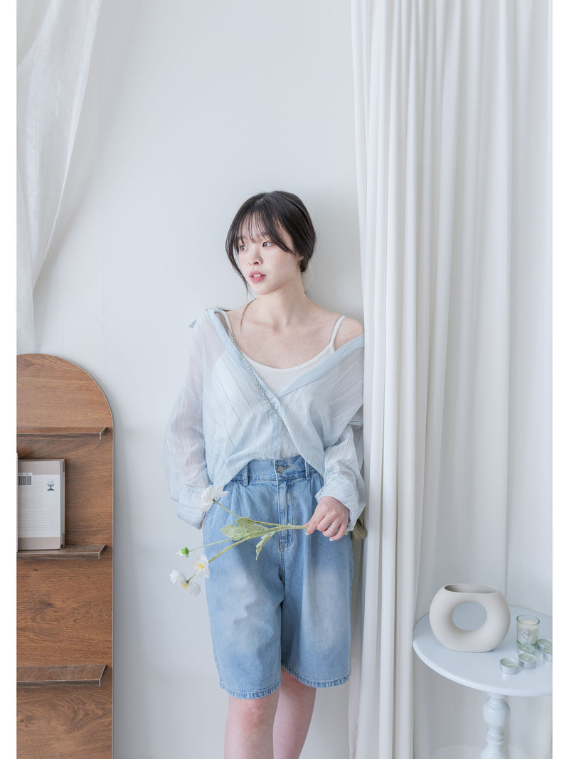 Sheer Stripe Shirt 輕透條紋微V領吊帶襯衫套裝/ BU9116 (Pre-order 淡黃條紋 9月7日截單)