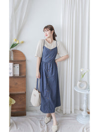 Denim vest dress 裝飾鈕扣假修腰線牛仔吊帶連身裙/ DS9982