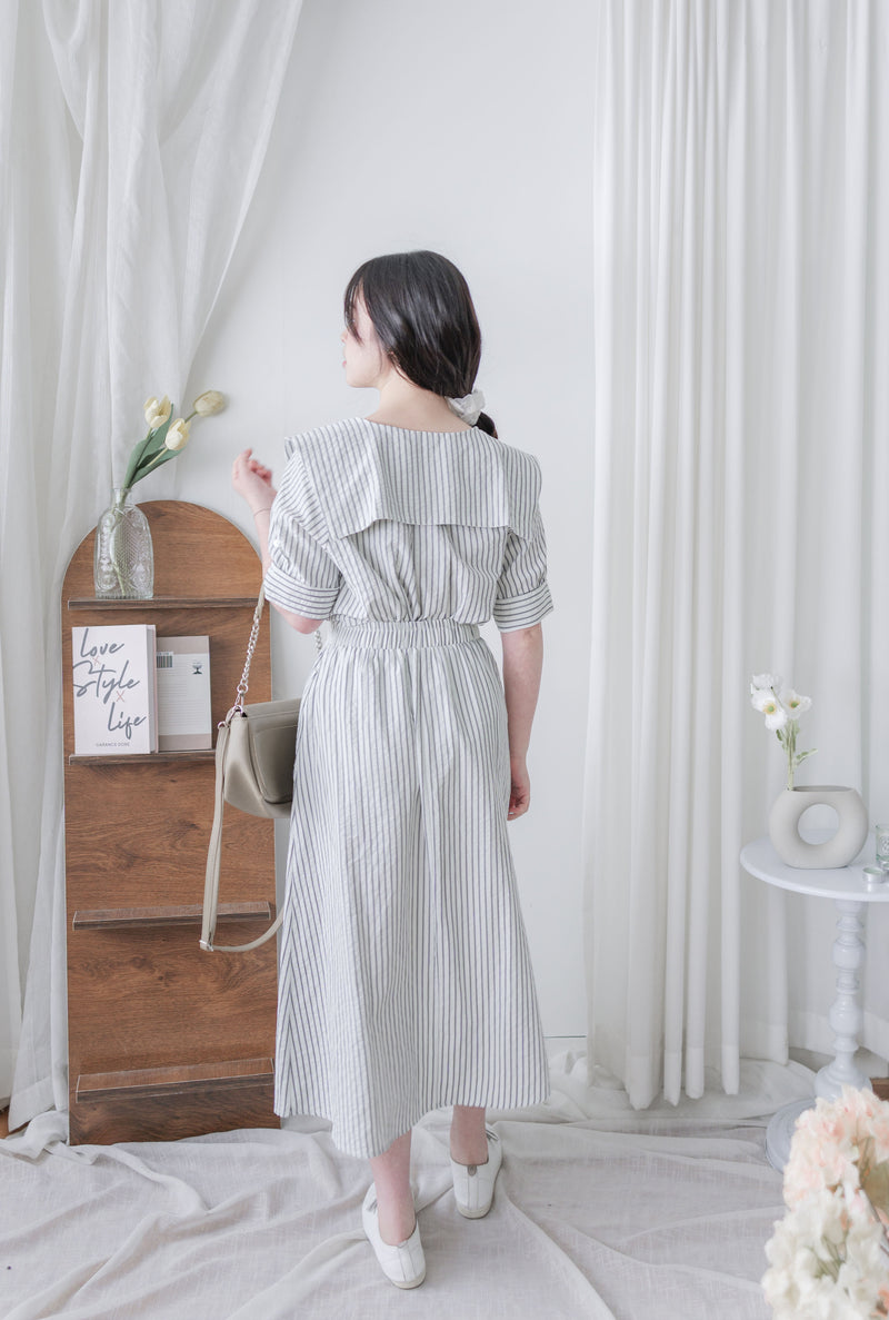 Stripe Set 黑白條紋翻領口袋連身套裝/ SE8087 (pre-order 9月7日截單)