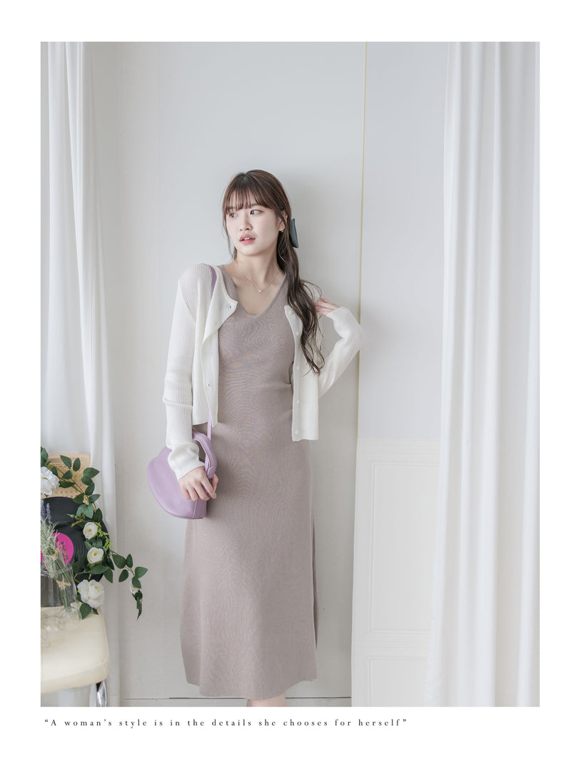 Knit Dress V領貼身腰間車褶針織連身裙/ DS9991