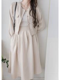 Beige Skirt Set 溫柔杏色十字線棉精緻鈕扣套裝/ SE8089