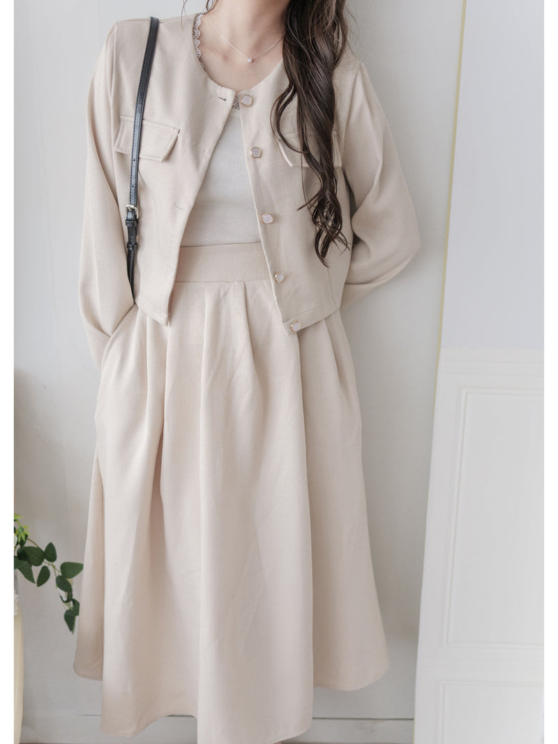 Beige Skirt Set 溫柔杏色十字線棉精緻鈕扣套裝/ SE8089