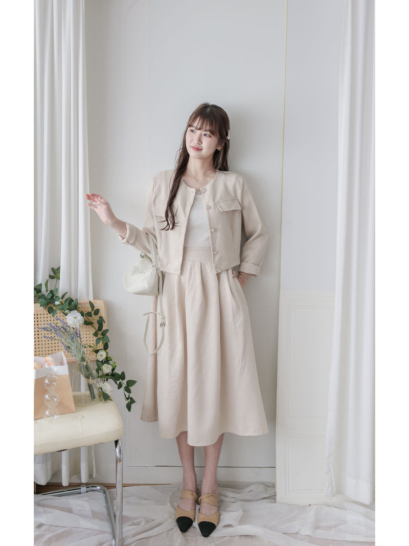 Beige Skirt Set 溫柔杏色十字線棉精緻鈕扣套裝/ SE8089