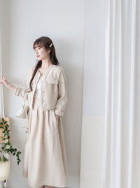 Beige Skirt Set 溫柔杏色十字線棉精緻鈕扣套裝/ SE8089