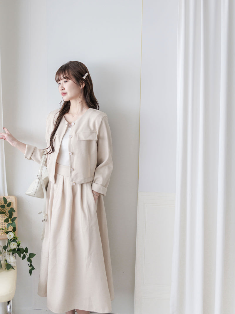 Beige Skirt Set 溫柔杏色十字線棉精緻鈕扣套裝/ SE8089