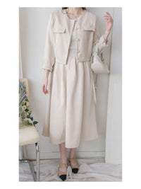 Beige Skirt Set 溫柔杏色十字線棉精緻鈕扣套裝/ SE8089