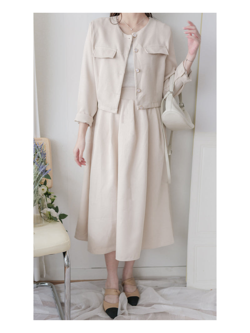 Beige Skirt Set 溫柔杏色十字線棉精緻鈕扣套裝/ SE8089
