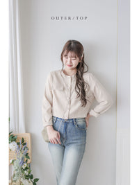 Beige Skirt Set 溫柔杏色十字線棉精緻鈕扣套裝/ SE8089