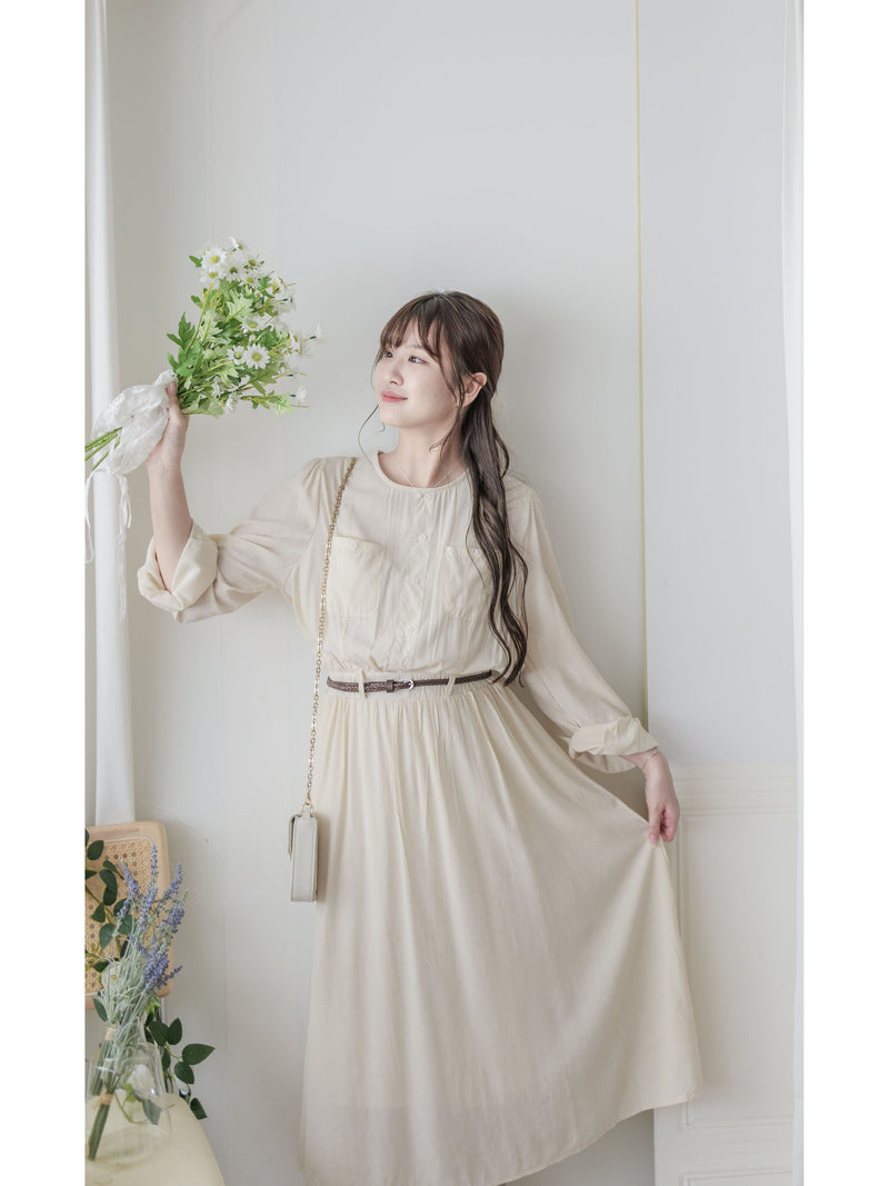 （附送編織腰帶) Sophie Dress 裝飾鈕扣輕優雅薄連身裙/ DS9993