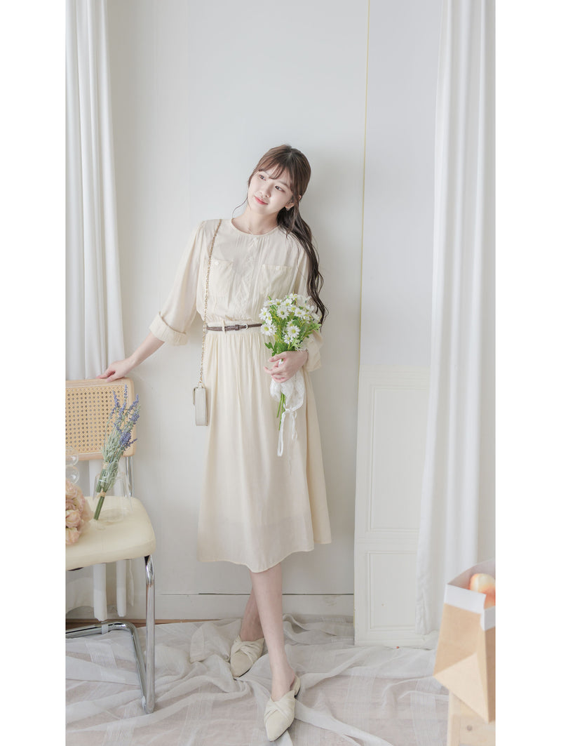（附送編織腰帶) Sophie Dress 裝飾鈕扣輕優雅薄連身裙/ DS9993