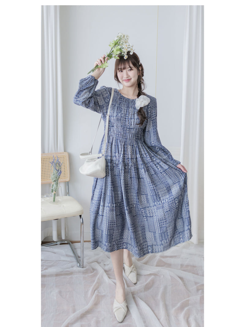 Geometric Dress 幾何民族印花顯瘦橡筋衣身連身裙/ DS9988