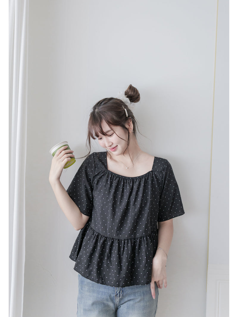 Polka Dot Blouse 黑色橡筋方領點點上衣/ BU9119