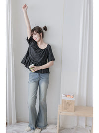 Polka Dot Blouse 黑色橡筋方領點點上衣/ BU9119