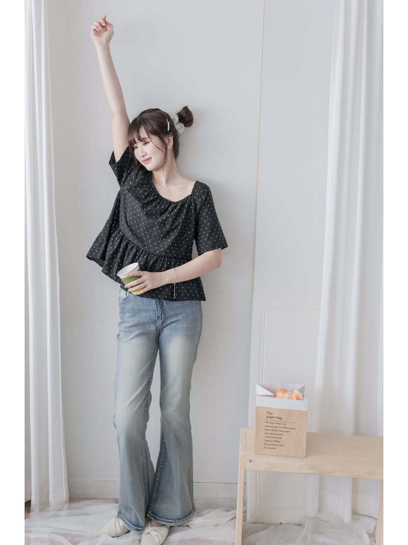 Polka Dot Blouse 黑色橡筋方領點點上衣/ BU9119