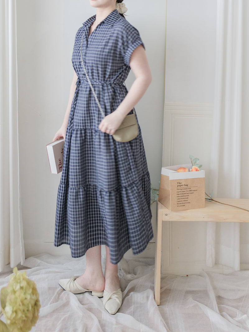 Check Dress 格子V形恤衫領口連身裙/ DS9984