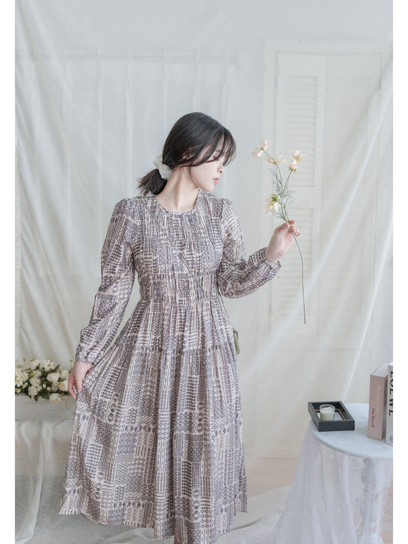 Geometric Dress 幾何民族印花顯瘦橡筋衣身連身裙/ DS9988