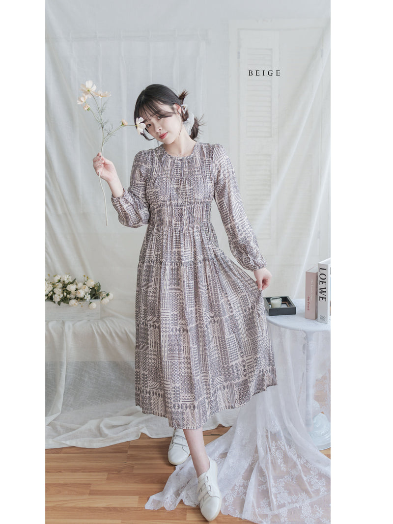 Geometric Dress 幾何民族印花顯瘦橡筋衣身連身裙/ DS9988