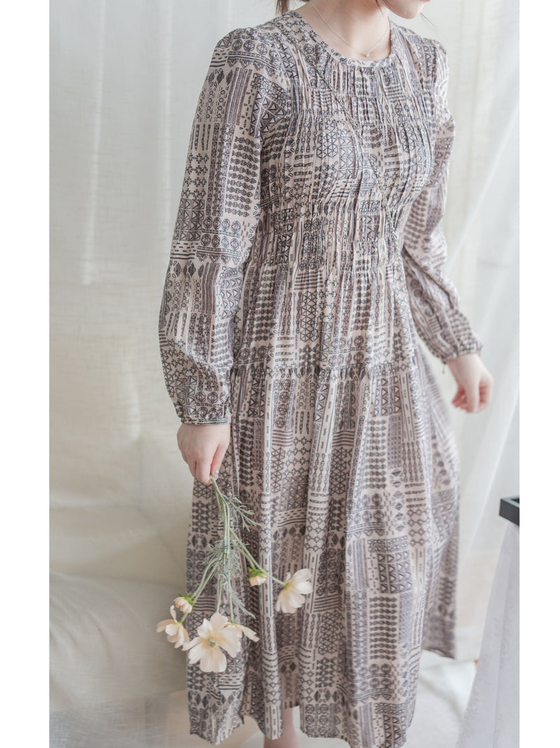 Geometric Dress 幾何民族印花顯瘦橡筋衣身連身裙/ DS9988