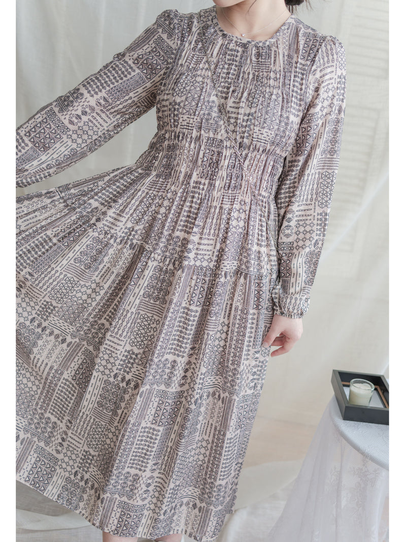 Geometric Dress 幾何民族印花顯瘦橡筋衣身連身裙/ DS9988