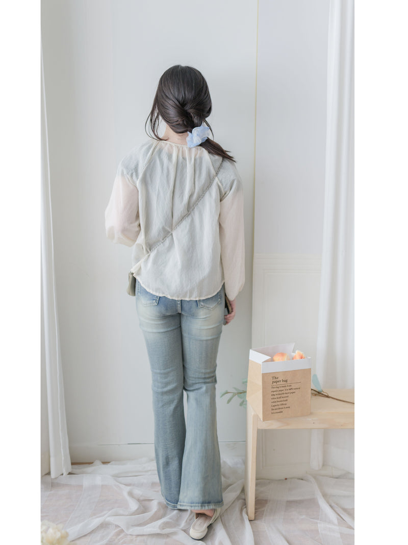 Bubble Sleeve Shirt 仿恤衫直條紋泡泡袖上衣/ BU9118