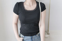Lace Collar Top 顯瘦修身彈性蕾絲圓方領上衣/ TP9183