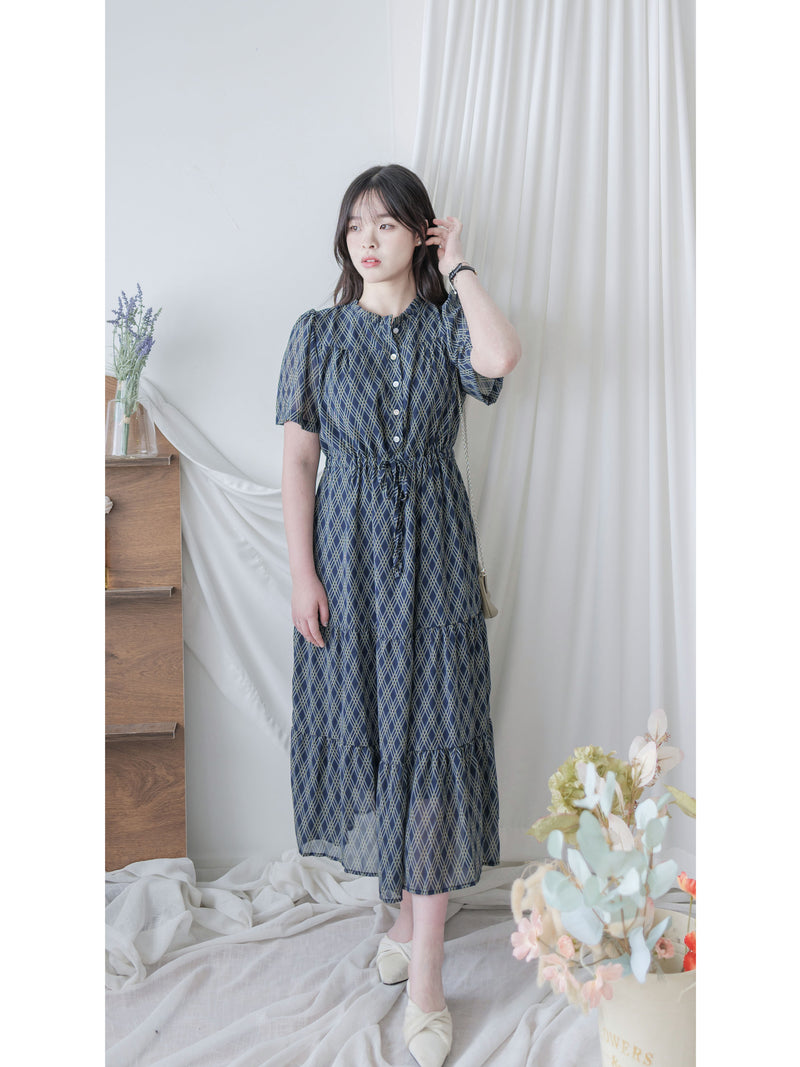 Ruffle Collar Rhombus Dress 花邊領口菱格紋雪紡連身裙/ DS9994