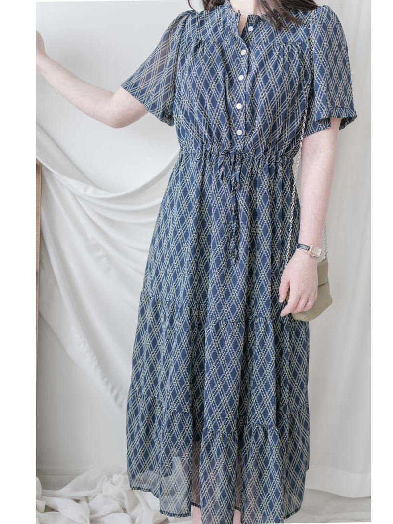 Ruffle Collar Rhombus Dress 花邊領口菱格紋雪紡連身裙/ DS9994